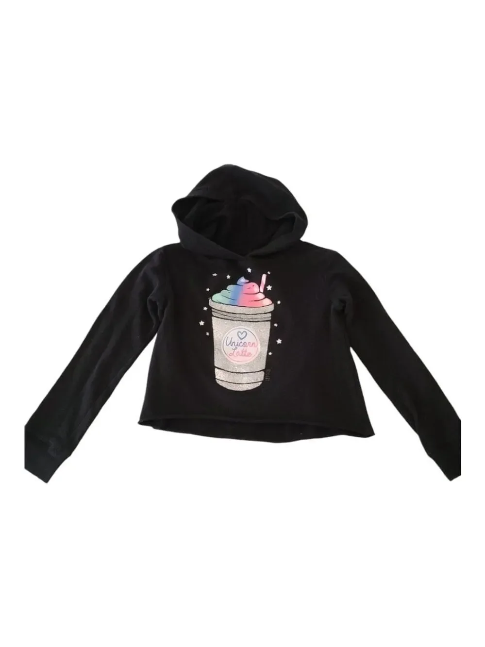 EUC Girls 8 Justice Cropped Hoodie Black Sparkle Logo Unicorn Latte